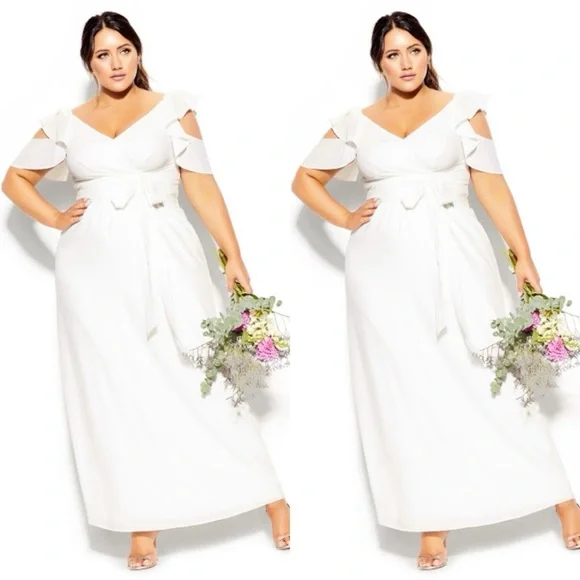 NWT City Chic White Ivory Frill Treasure Cold Shoulder Flutter Sleeve Maxi Sz 18 - Picture 1 of 9